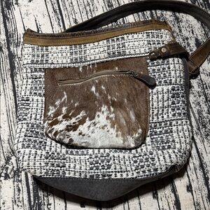 Myra Woven Black & White Crossbody with Brown Cowhide Pocket